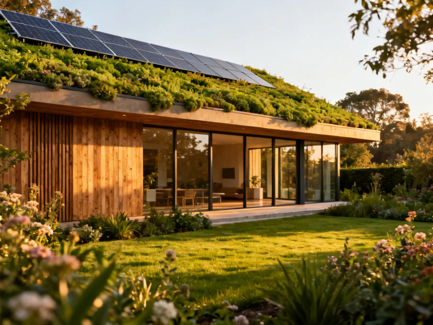 Maison moderne à haute performance énergétique avec panneaux solaires intégrés